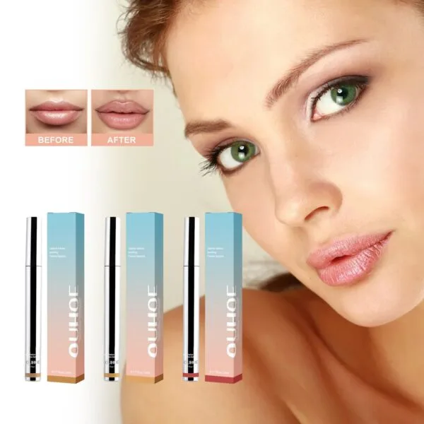OUHOE Peel Off Plumping Lipliner showing the before and after effect of defined, brightened and plumped lips with a natural glow.
