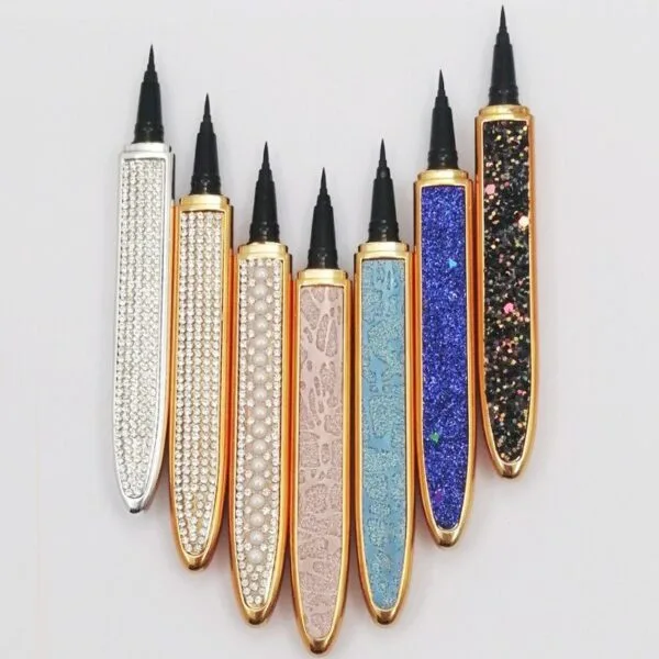 Self-adhesive eyeliner and false eyelashes kit with black, coffee, and transparent liquid liners for an easy, glue-free, smudge-proof application.