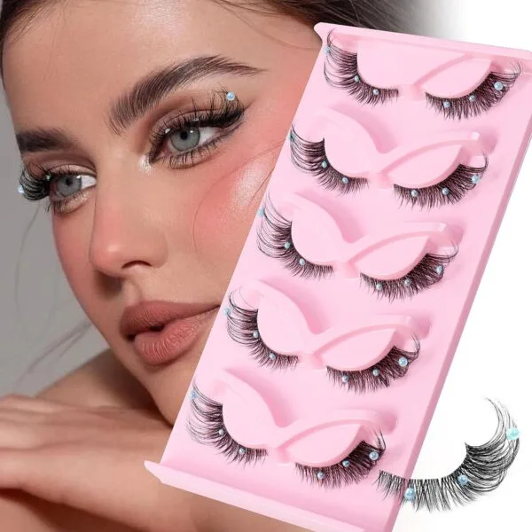5 Pairs of Foxy Winged 3D Strip Lashes with clear band showing the dramatic cat eye volume for cosmetic eye makeup.