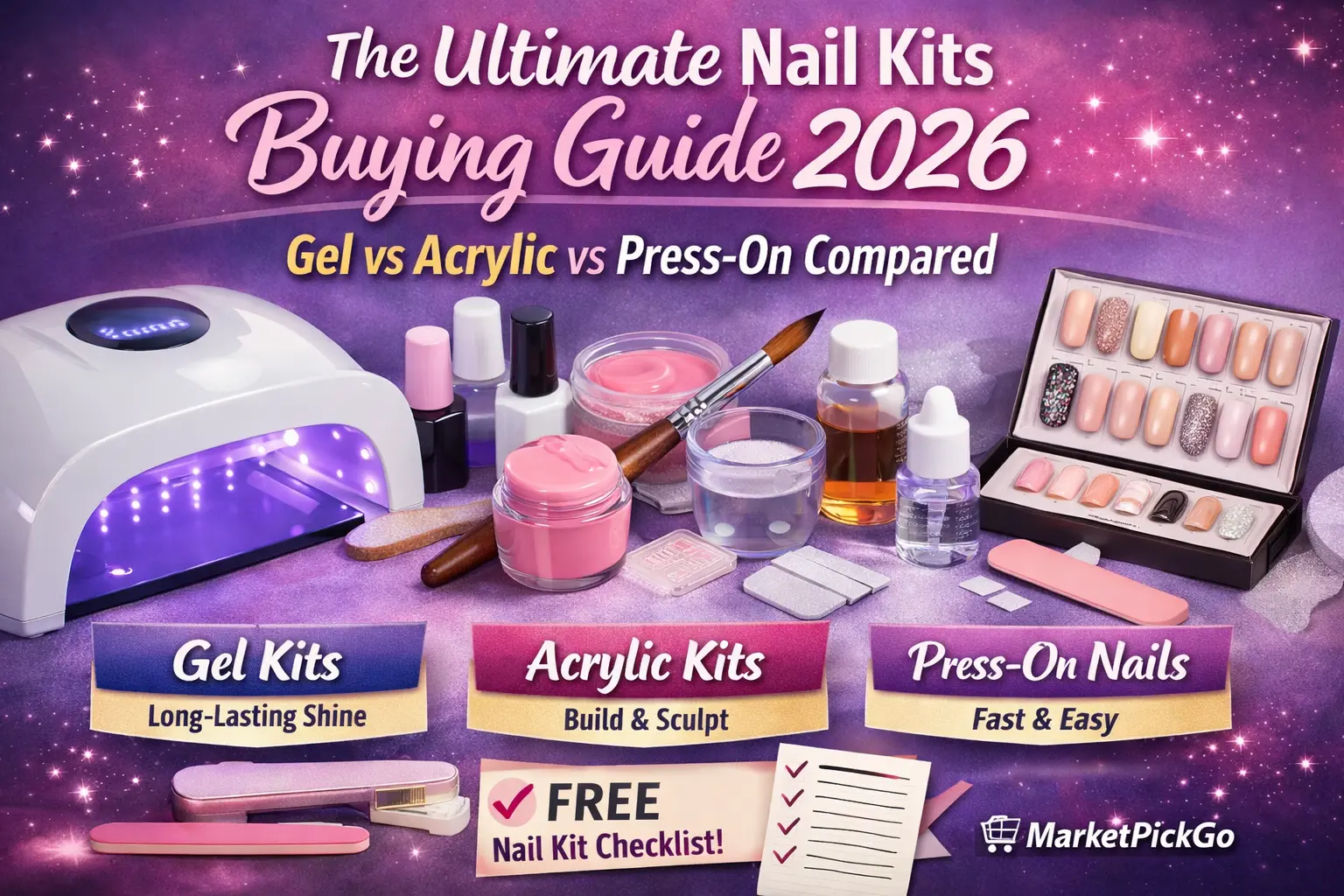 Nail kits buying guide 2026 showing gel nail kit with UV lamp, acrylic nail kit tools, and press-on nails comparison setup