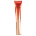 Luminous Liquid Highlighter Wand showing the applicator sponge and a silky, shiny glow effect on a cheekbone for face makeup.
