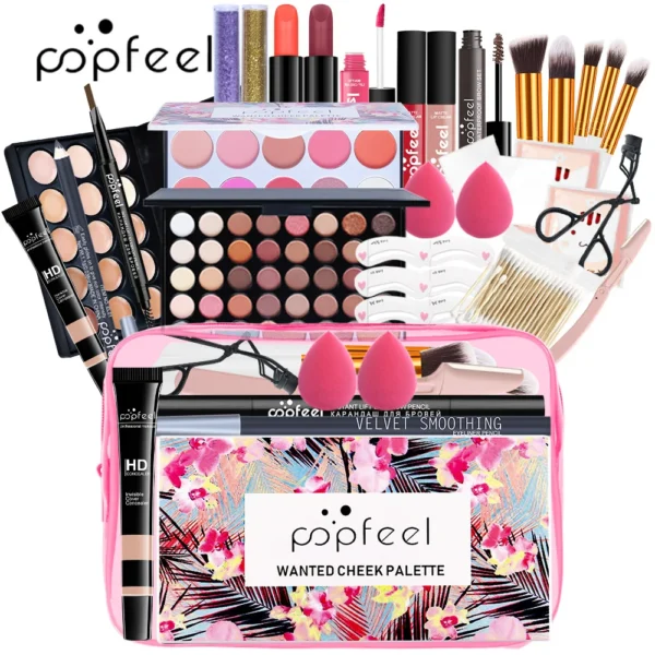 Professional POPFEEL all-in-one makeup kit including eyeshadow palette foundation lip gloss and brushes for a complete flawless makeup look