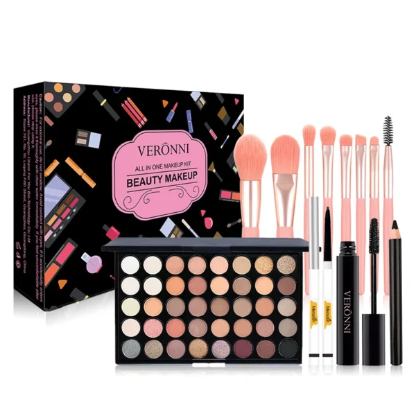 Professional 40-color eyeshadow palette set with high-pigment payoff, including artist brushes, mascara, and eyeliner for full eye makeup artistry.