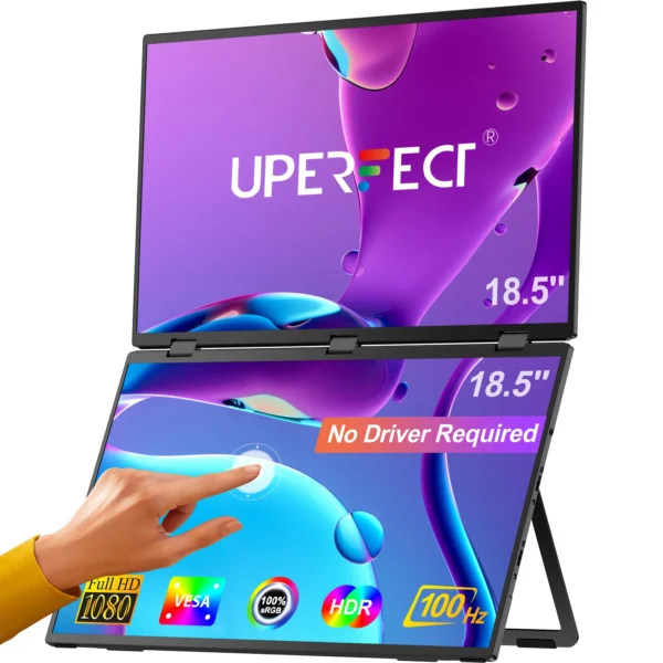 Professional stacked laptop monitor with vertical dual screen and touch functionality.