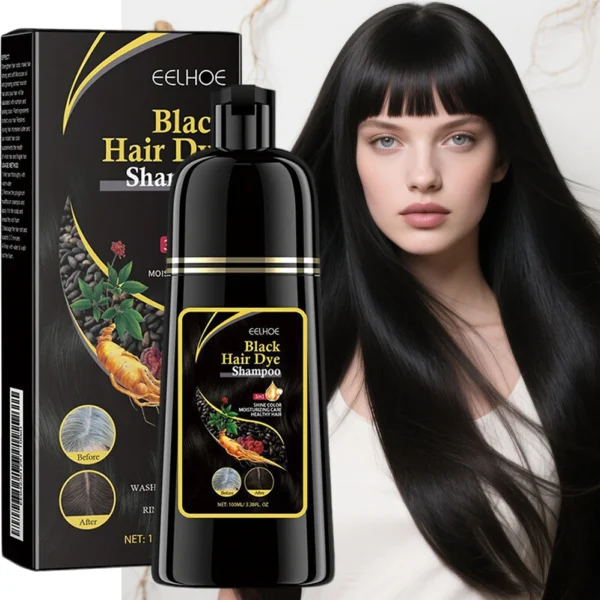 Instant gray hair coverage shampoo for natural black hair color restoration.