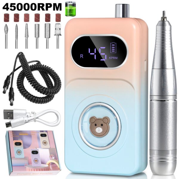 Professional 45000RPM Portable Electric Nail Drill Kit, Rechargeable Nail Electronic File Machine, Electric Nail Polishing Machine With Drill Head And Base, Nail Drill For Acrylic Nails, Nail Gel, Fem