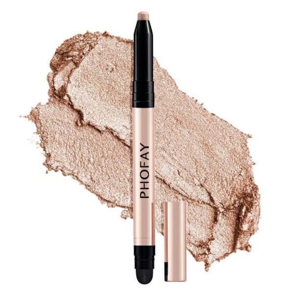 PHOFAY Eyeshadow Stick 0.6g showing the built-in smudger and a waterproof, creamy application on the eyelid for professional eye makeup.