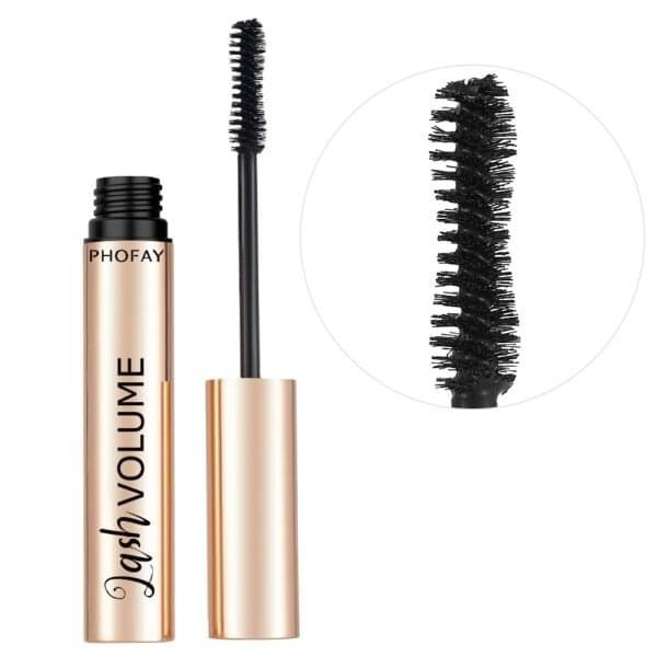 PHOFAY Volumizing Mascara 10g showing high-definition curling and lengthening effect on upper and lower lashes for eye makeup.