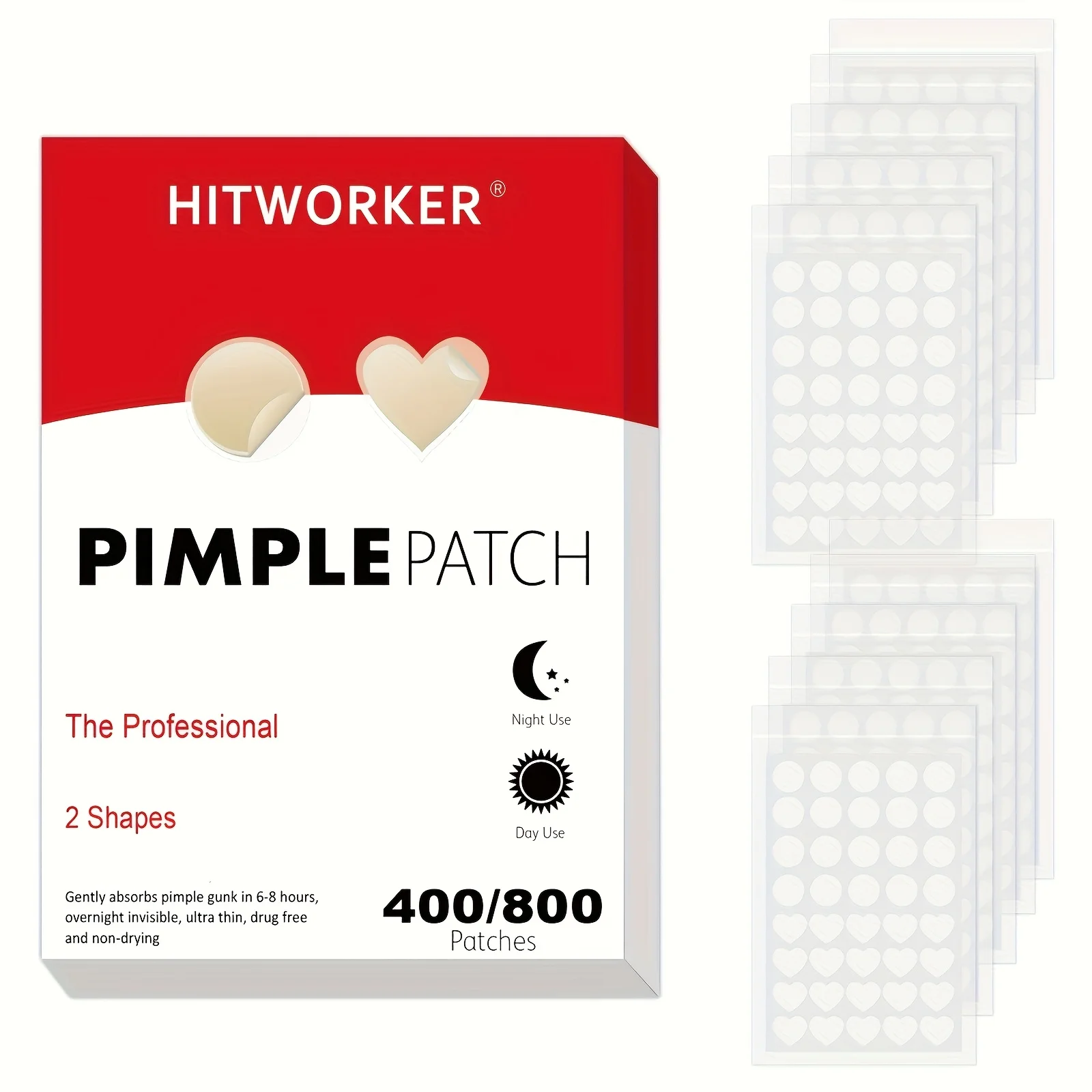 Professional dual-phase hydrocolloid acne patches set with day and night blemish extraction and oil control for all skin types.