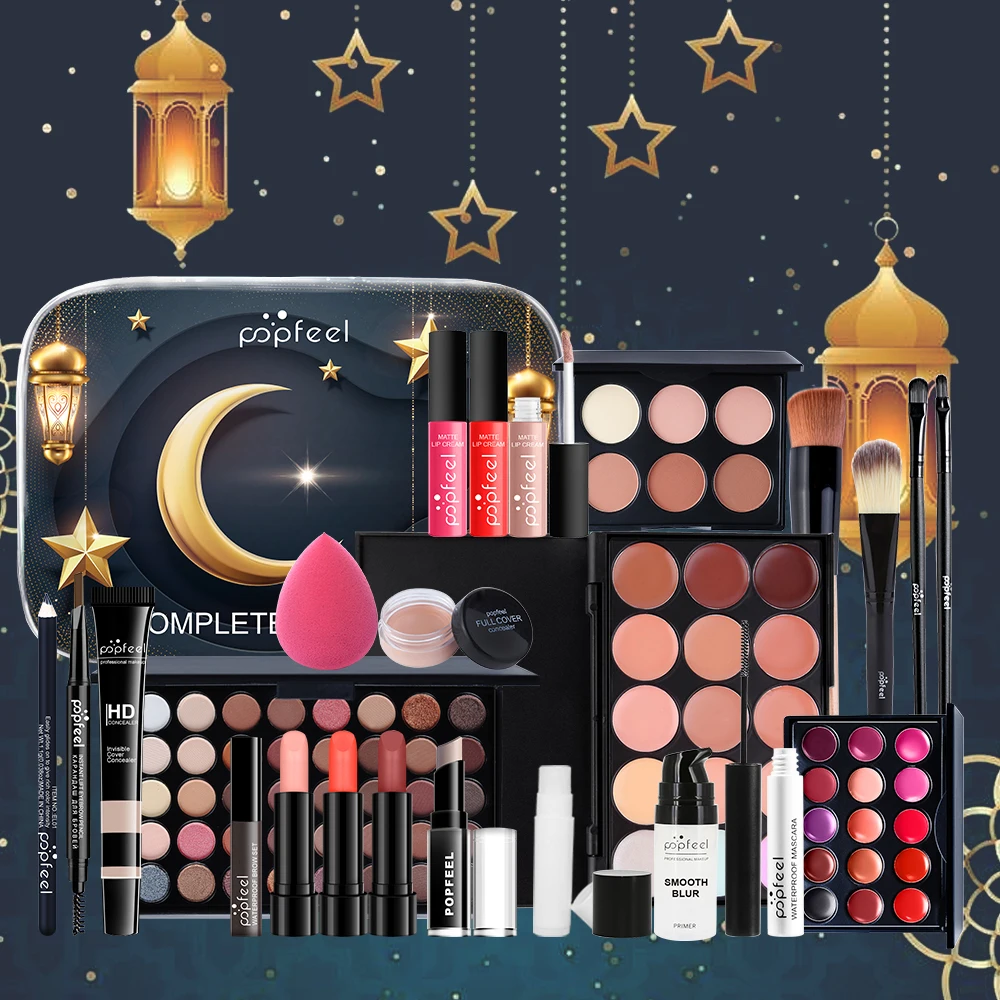 Professional 24-piece makeup set for women including eyeshadow, lipstick, and concealer.