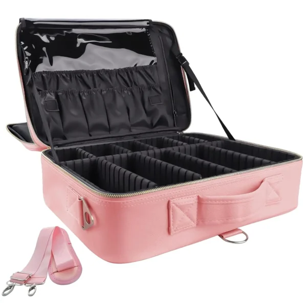 Professional GZCZ travel makeup case organizer with waterproof PU leather and adjustable dividers for professional cosmetic storage - MarketPickGo