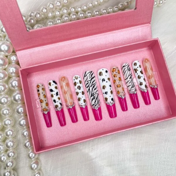 Luxury handmade press on nails with 3D Diamond Zebra design.