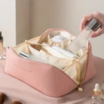 Luxury Travel Makeup Organizer premium PU leather toiletry kit bag for women.