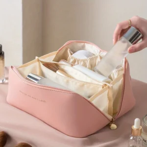 Luxury Travel Makeup Organizer premium PU leather toiletry kit bag for women.