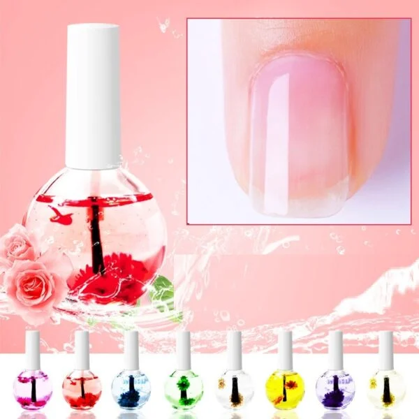 Natural dried flower nail treatment oil for cuticle moisturizing and nail nutrition.